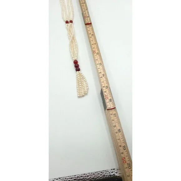 Vintage Pearl & Garnet Tassel Lariat Necklace With Elegant Multi Strand Design - Picture 5 of 5